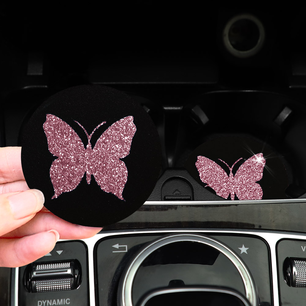 Car Accessories For Women - Two Cute Pink Butterflies Glitter Light